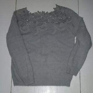 Gray Floral Embellished Women's Sweater. Small